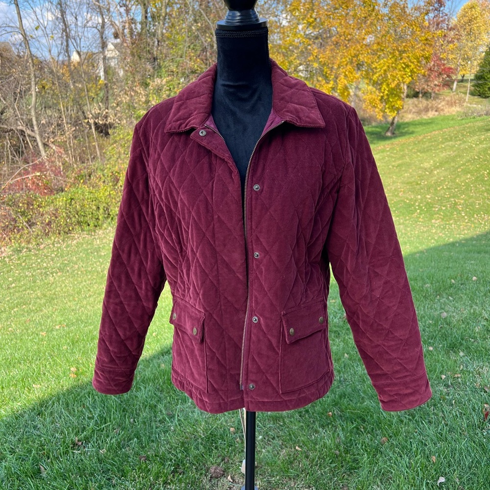 Eddie Bauer Wmns Quilted Jacket Burgundy Corduroy Trim Snap Front Outdoor Coat - Picture 2 of 6